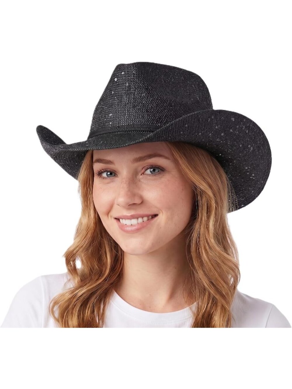 Women's Black Sparkly Sequin Suede String Trim Party Cowboy Western Hat